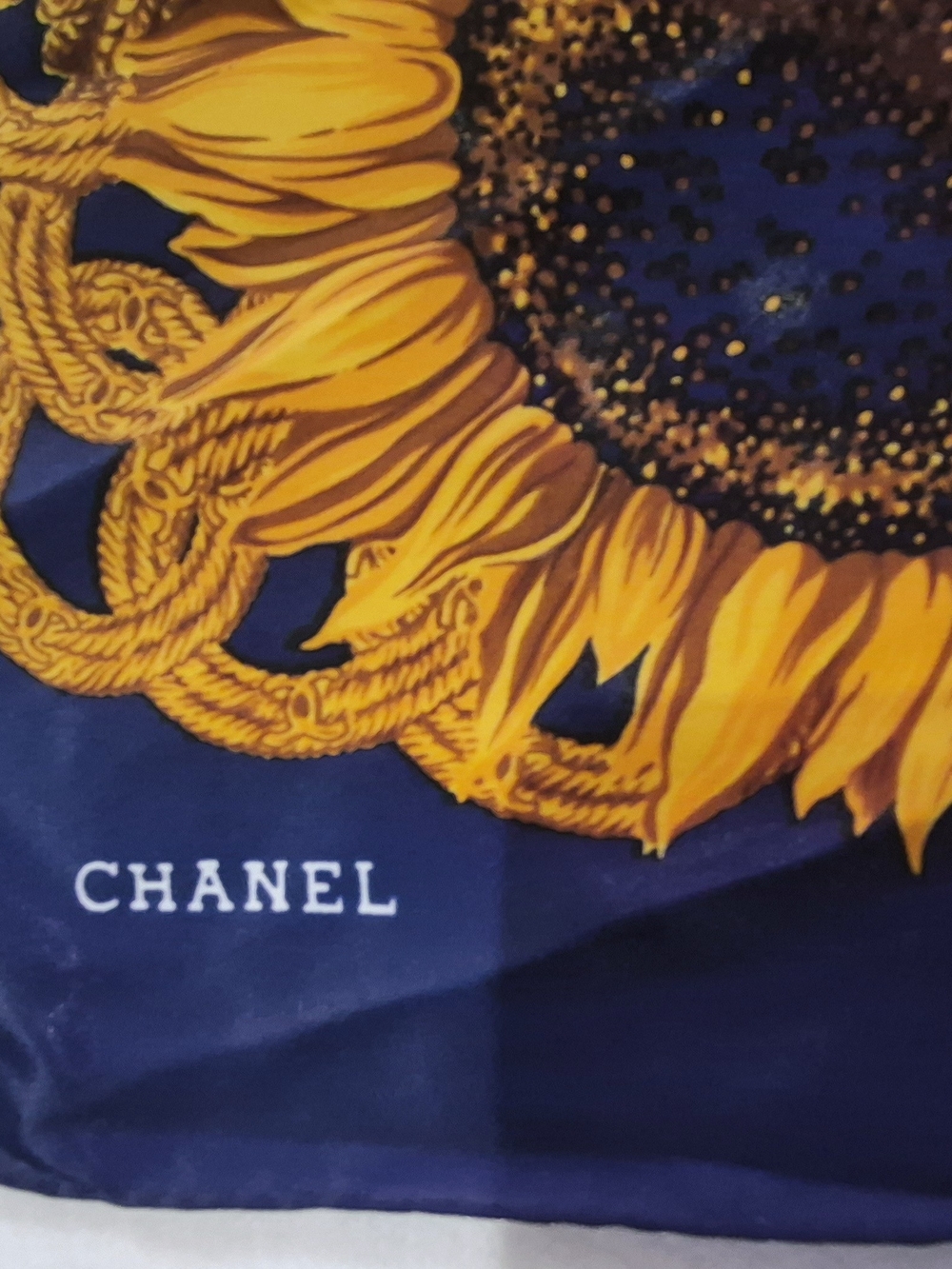 CHANEL Navy Silk Scarf with Yellow Sunflower And Wheat Motif - Picture 3 of 10